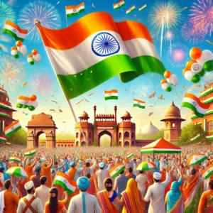 DALL·E 2024-09-16 20.04.01 - A vibrant celebration of India's Independence Day, featuring the Indian national flag waving proudly against a bright blue sky. The scene includes a l