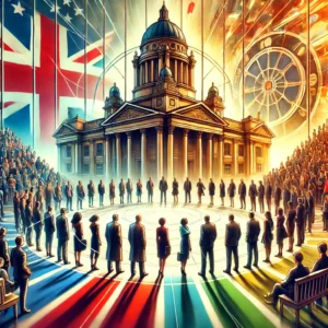 DALL·E 2024-09-19 11.19.56 - A powerful and symbolic image of political obligation, showing diverse citizens standing in front of a large government building, such as a courthouse