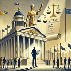 DALL·E 2024-09-19 11.45.24 - A symbolic scene representing political obligation_ a citizen standing in front of a grand government building, holding a scroll with laws and duties,