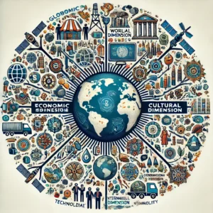DALL·E 2024-10-14 10.23.36 - A visual representation of the dimensions of globalization. The image includes a globe at the center with multiple branches extending out, each repres