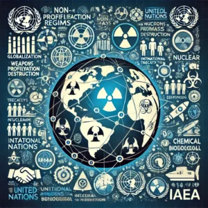 DALL·E 2024-10-14 10.31.41 - A visual representation of globalization's impact on non-proliferation regimes. The image features a world map with interconnected symbols of weapons